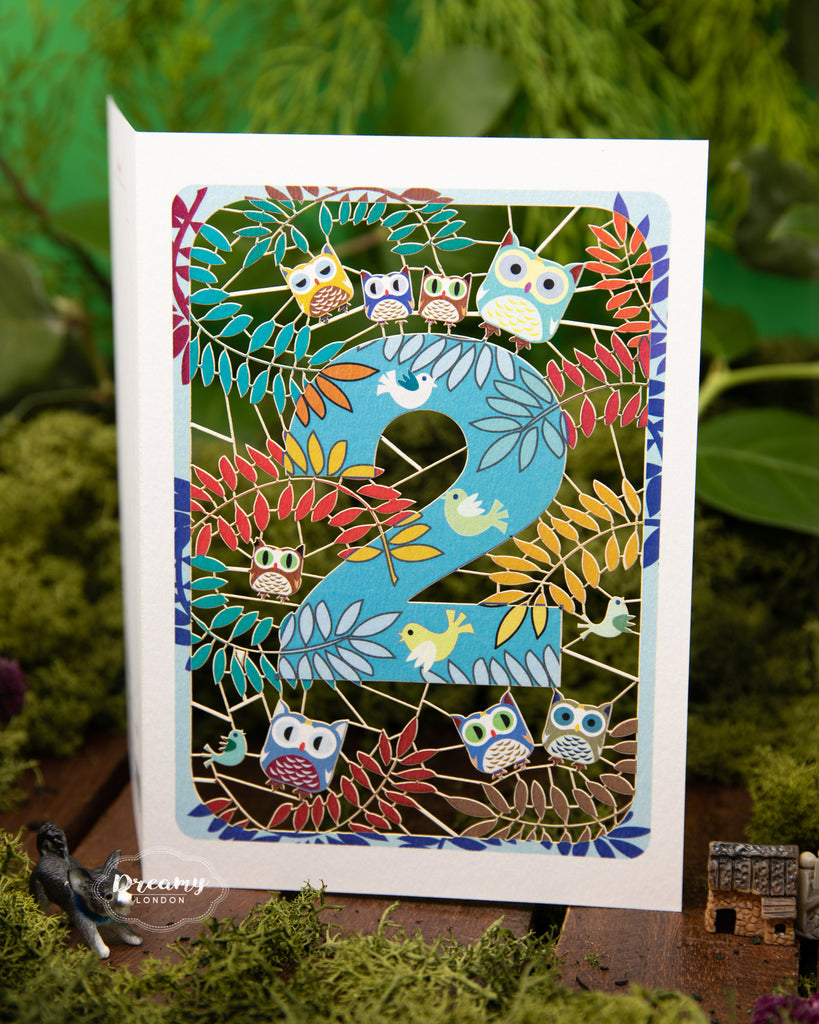 2nd Birthday Card Owls Laser Cut - dreamylondon