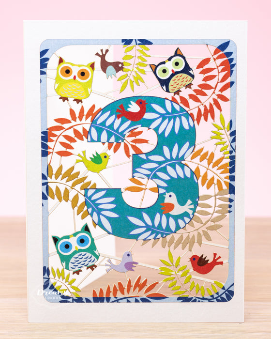 3rd Birthday Card Owls Laser Cut - dreamylondon