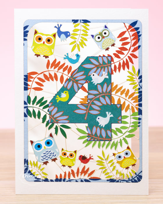 4th Birthday Card Owls Laser Cut - dreamylondon
