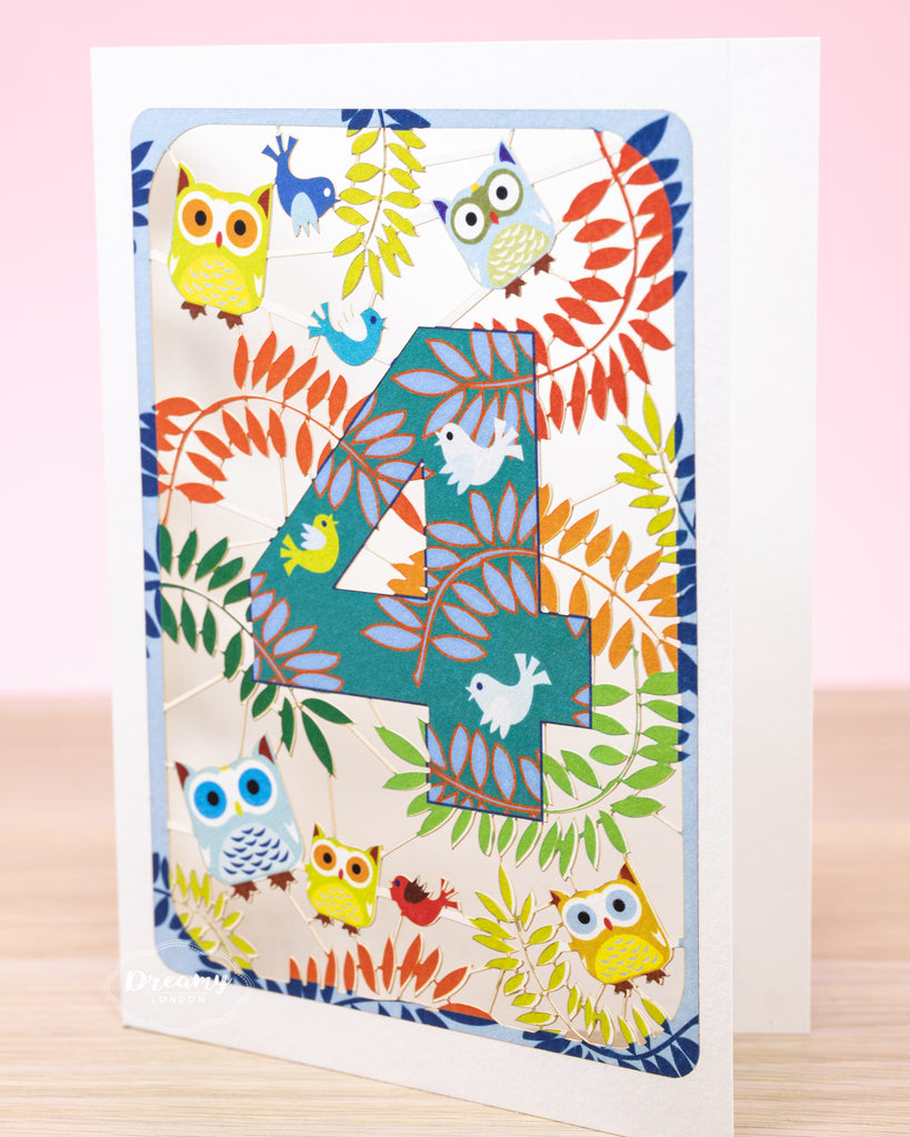 4th Birthday Card Owls Laser Cut - dreamylondon