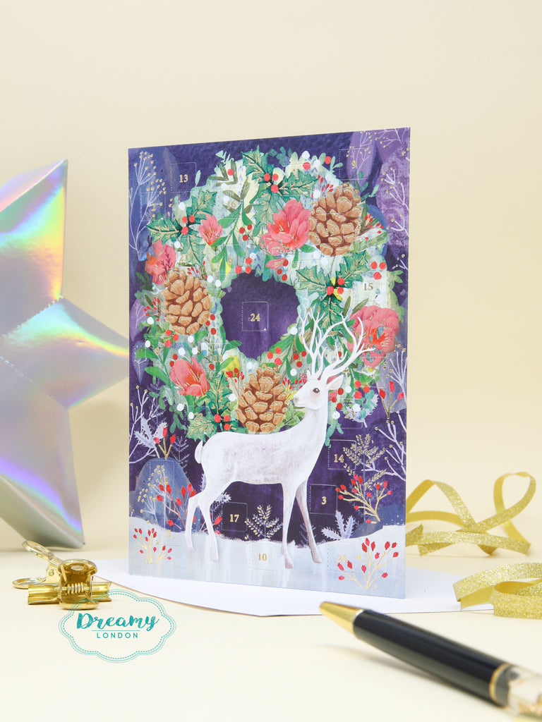 Silver Stag & Wreath Advent Calendar Card 2023
