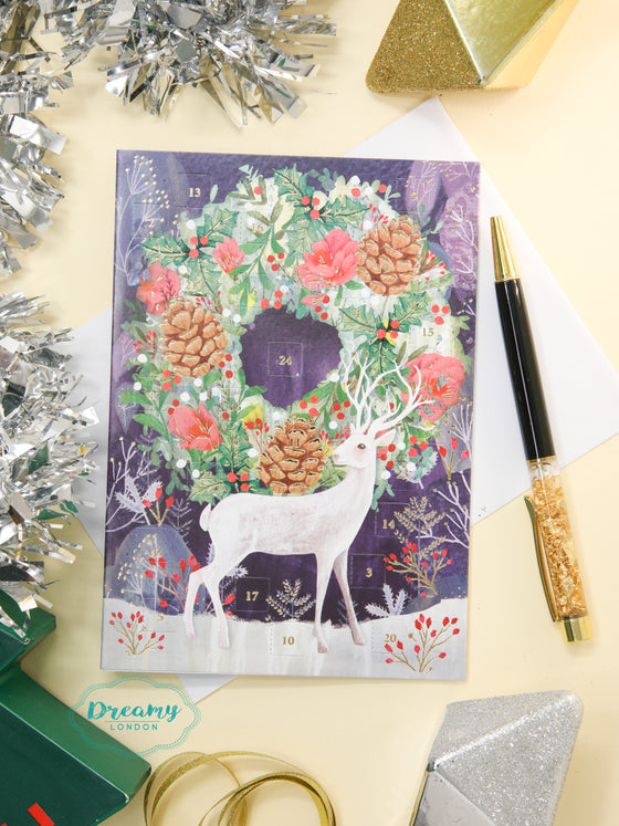 Silver Stag & Wreath Advent Calendar Card 2023