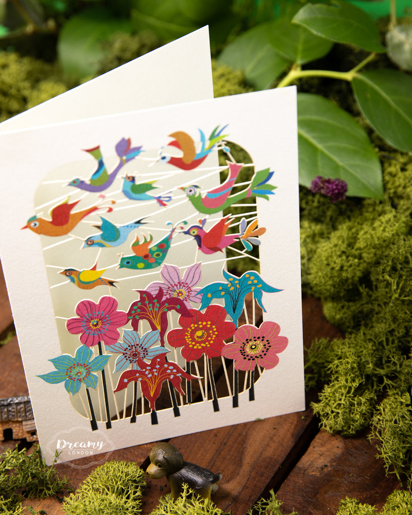 Floral Garden with Colourful Birds Laser-cut Greeting Card, Garden Birds Card, Greeting Card for Any Occasion - Made in England - Dreamy London