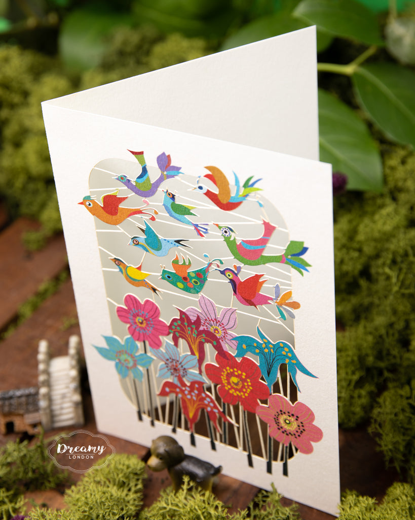 Floral Garden with Colourful Birds Laser-cut Greeting Card, Garden Birds Card, Greeting Card for Any Occasion - Made in England - Dreamy London