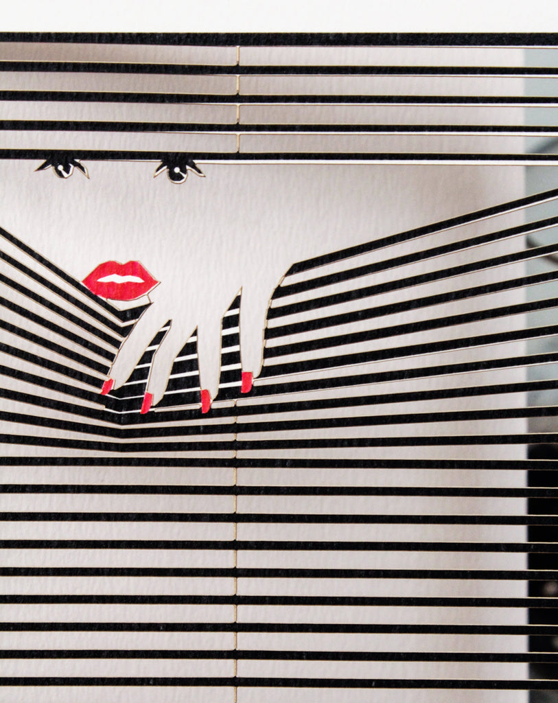 lady voyeur peeking into the blinds lasercut greeting  card - dreamylondon