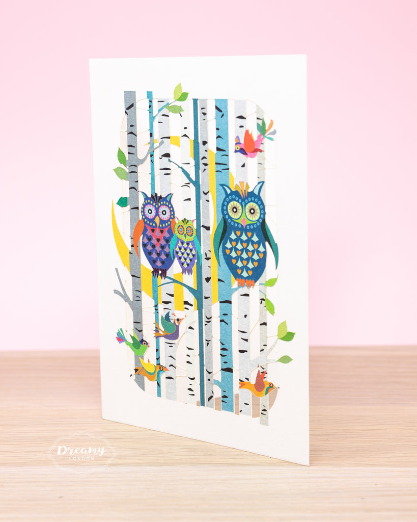 family of owls design birthday card, lasercut - dreamy london