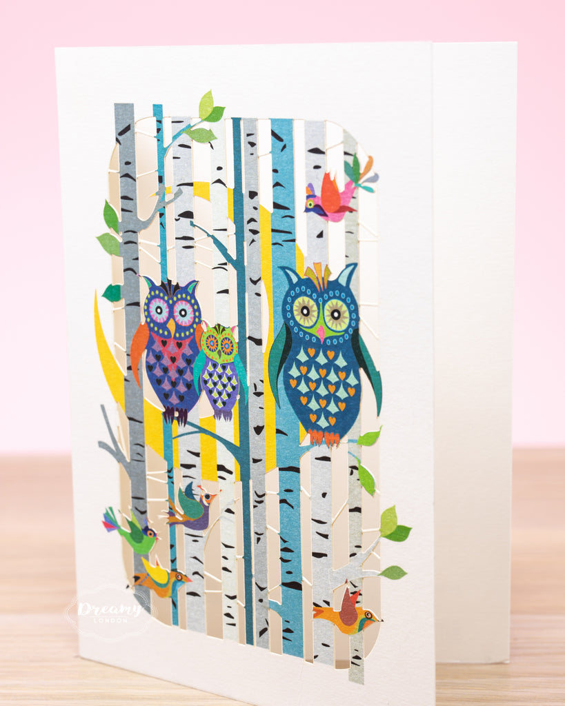 family of owls design birthday card, lasercut - dreamy london