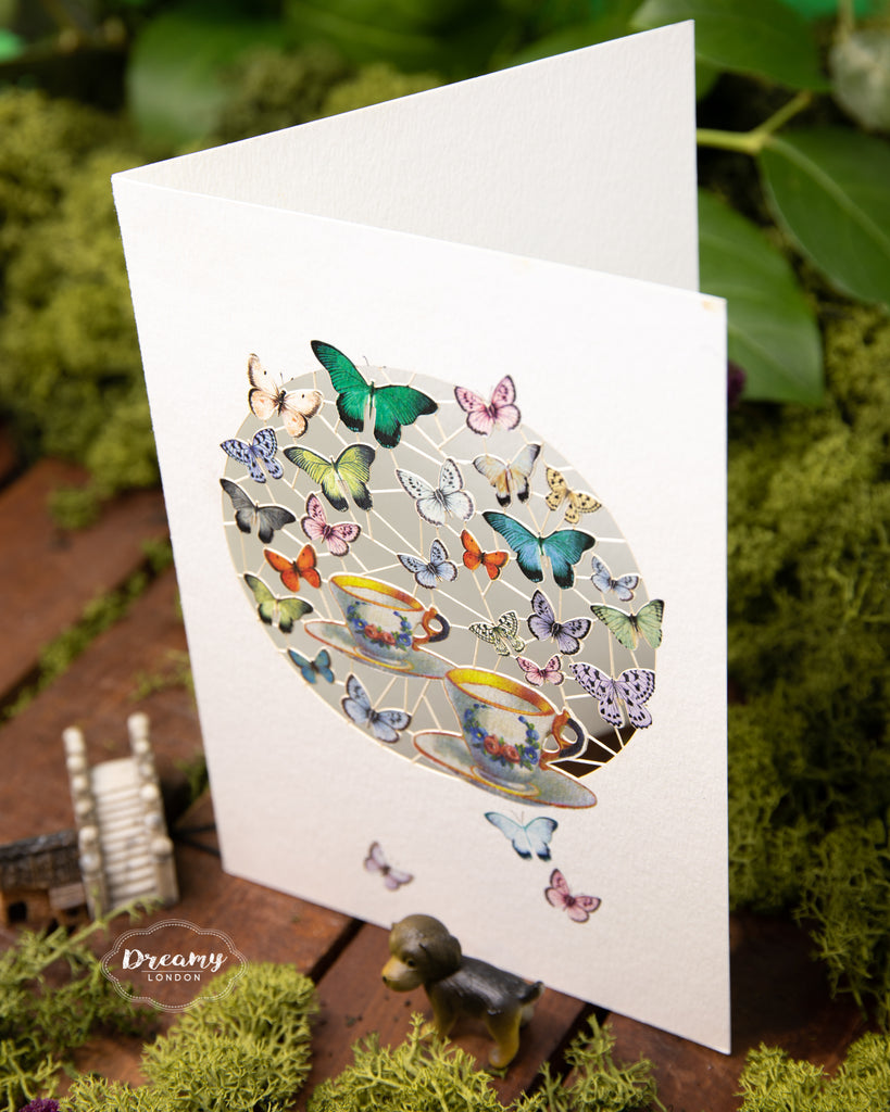 Butterflies and Tea Laser Cut Card - dreamylondon