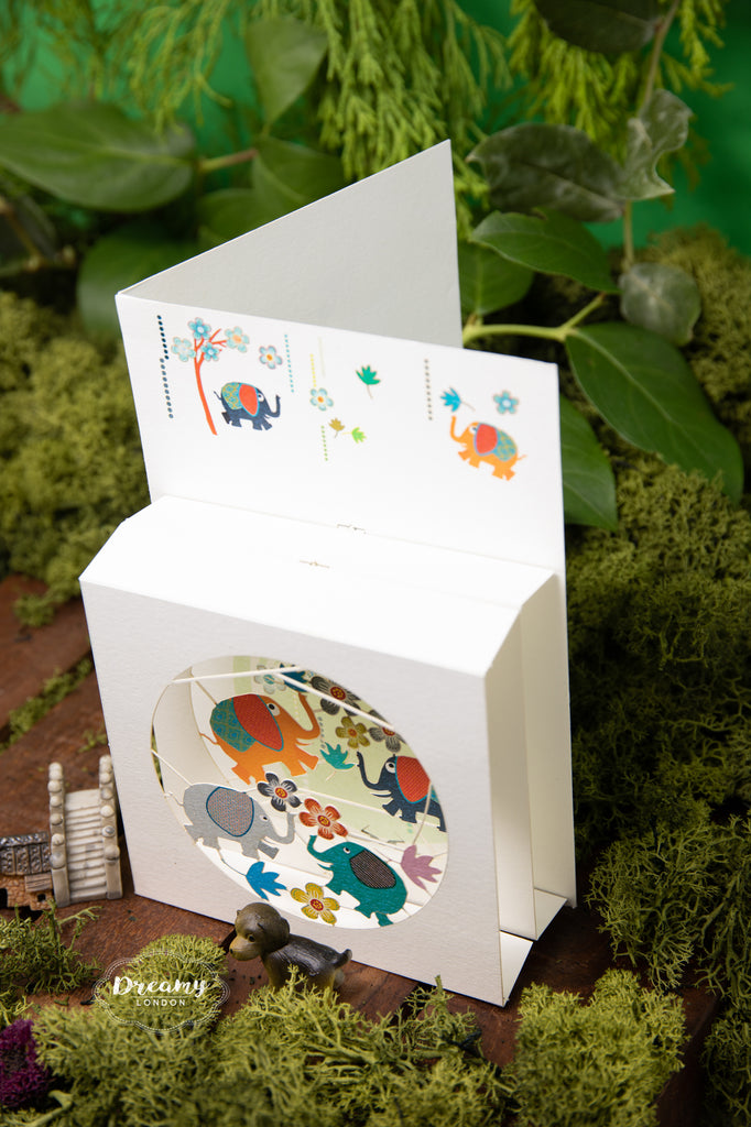 Elephants in Box Blank Greeting Card, card for kids, kids birthday card, pop up card - dreamylondon