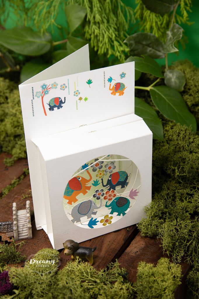 Elephants in Box Blank Greeting Card, card for kids, kids birthday card, pop up card - dreamylondon