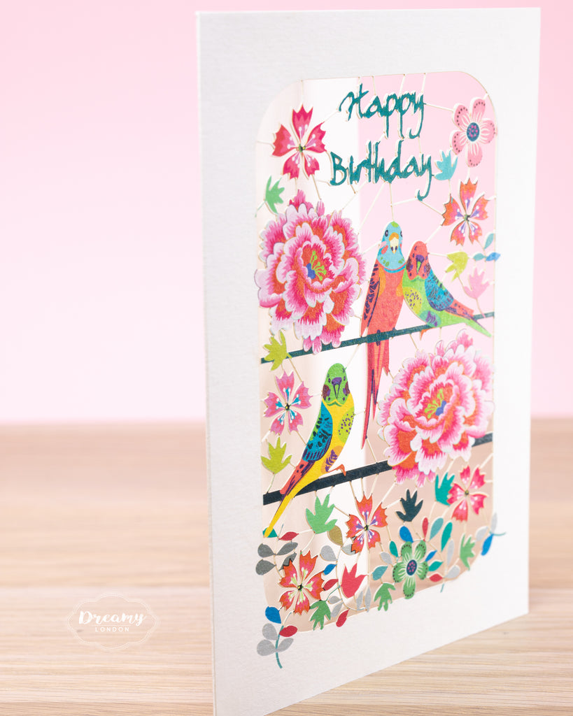 Parrots and Flower Birthday Card - dreamylondon