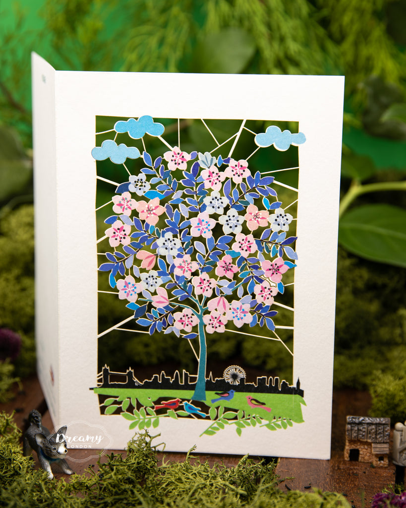 London Tree of Life Greeting Card, Greeting Card with floral tree of life and London Eye, tourist spot card, travel junkie greeting card - dreamylondon