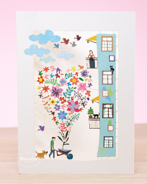 Greeting Card showing guy giving a heart-shaped bouquet of different flowers to wife, girlfriend, Bouquet Love Card for Her, Greeting Card for Wife, Girlfriend, Love Card for Her, Gift for Her - Made in England - Dreamy London