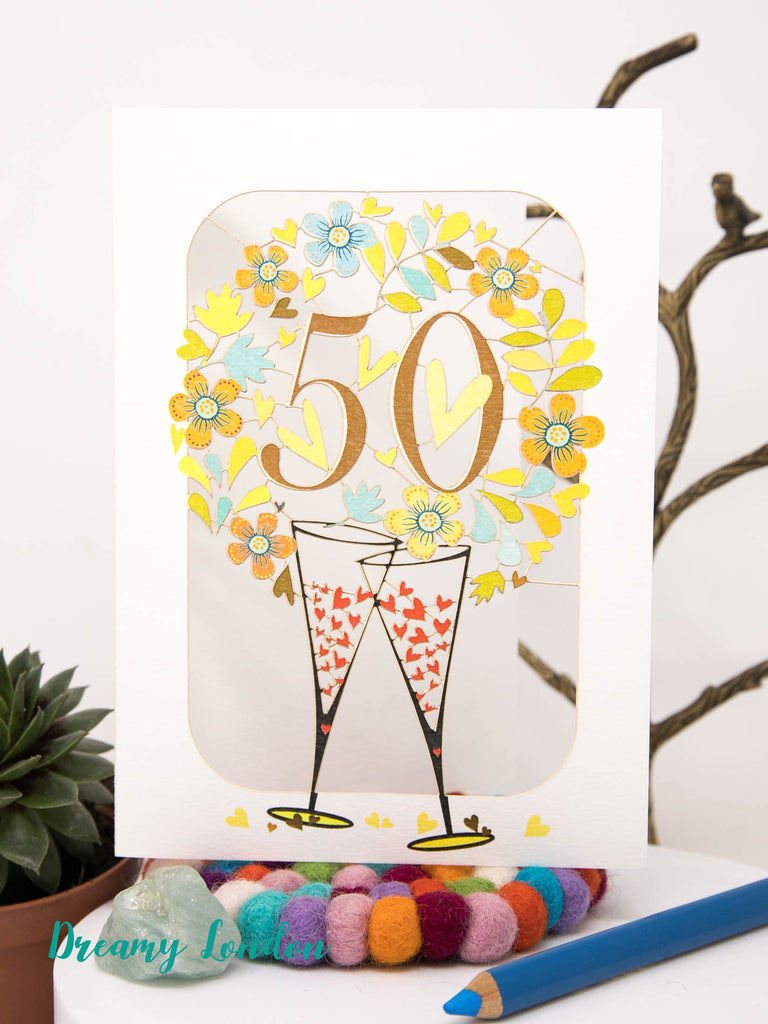 Happy 50th Laser Cut Greeting Card, Golden Wedding Anniversary Card - dreamylondon