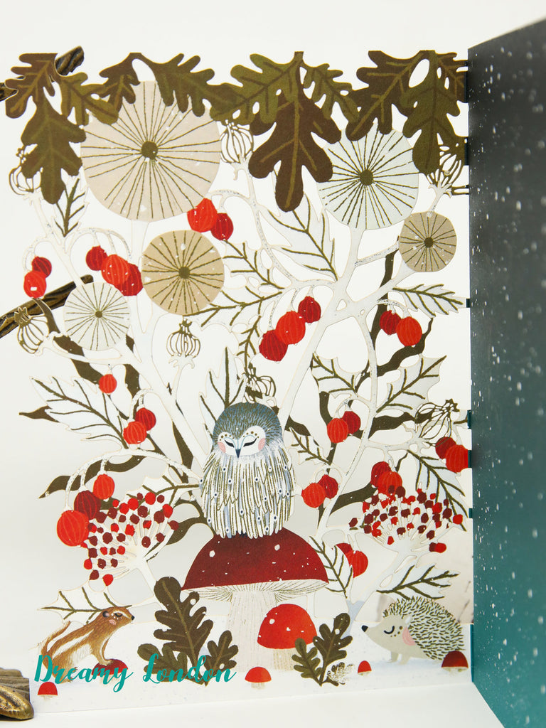Owl & Frosty Forest Christmas Card - luxury laser cut-out -made in England - dreamylondon