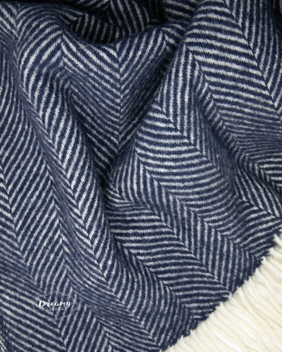 Navy Chevron Wool Blanket made of pure lambswool and woven in England - Dreamy London
