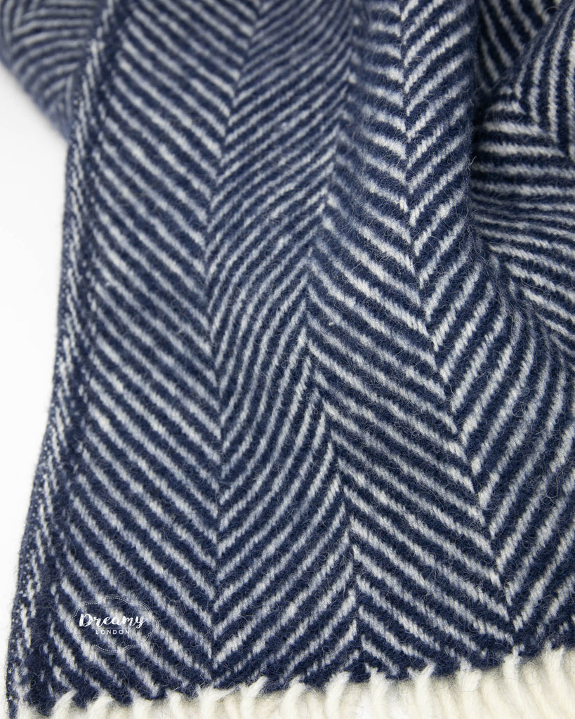 Navy Chevron Wool Blanket made of pure lambswool and woven in England - Dreamy London